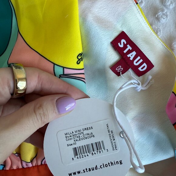 NWT Staud Milla A-line Mini Dress Georgette Citrus Kaleidoscope V-Neck Sz 00 - Picture 3 of 9